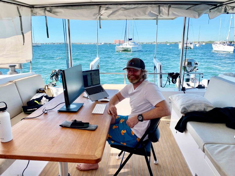 A BoatOffice with a view. Working on a Nautitech 40 Open Performance